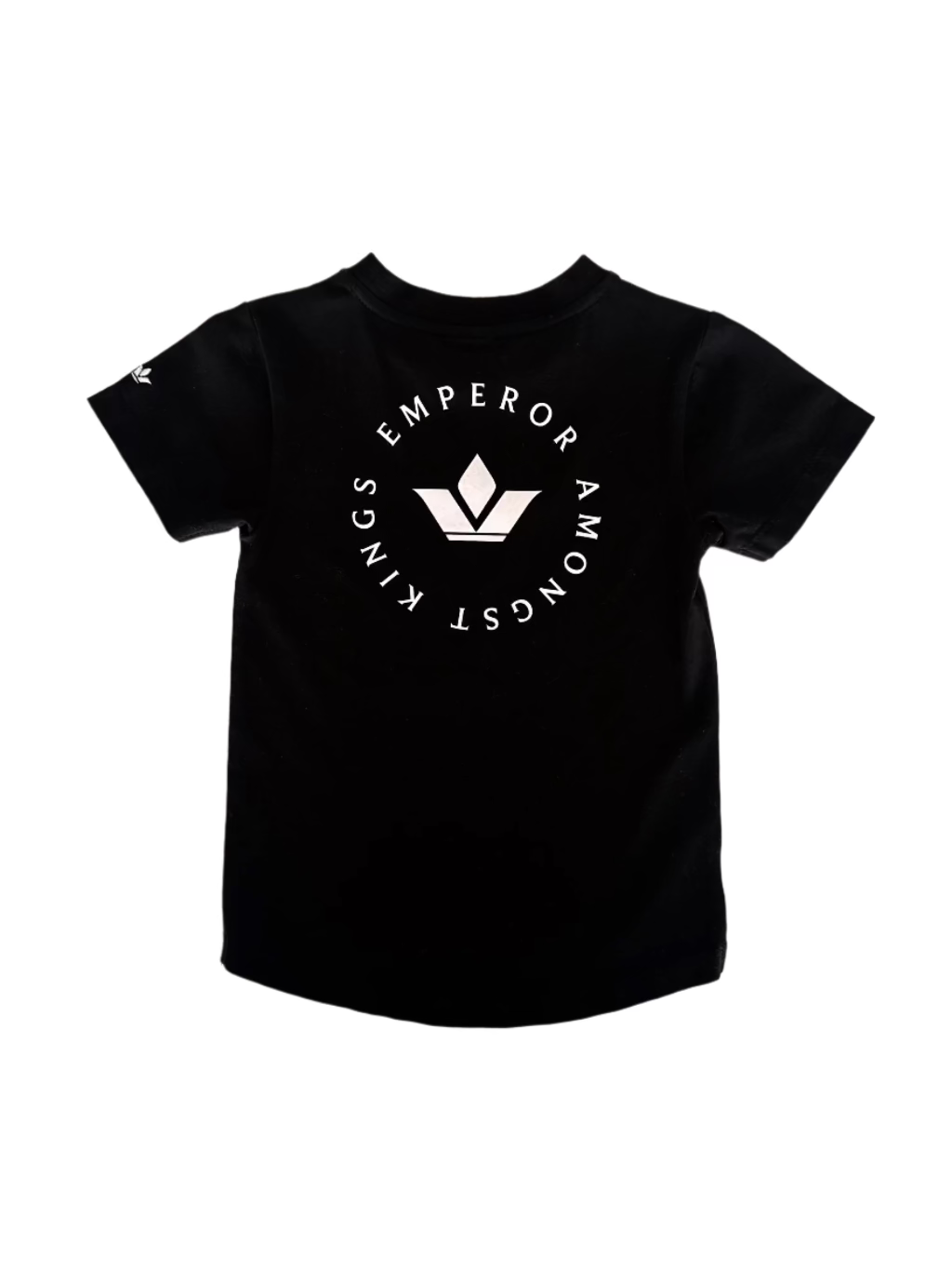 Black t-shirt with white logo and text on a light beige background