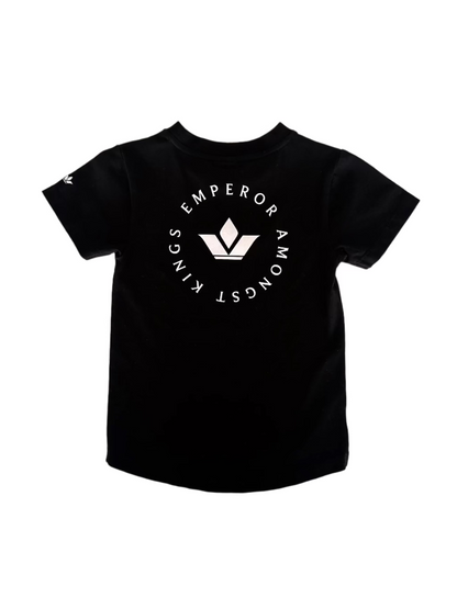 Black t-shirt with white logo and text on a light beige background