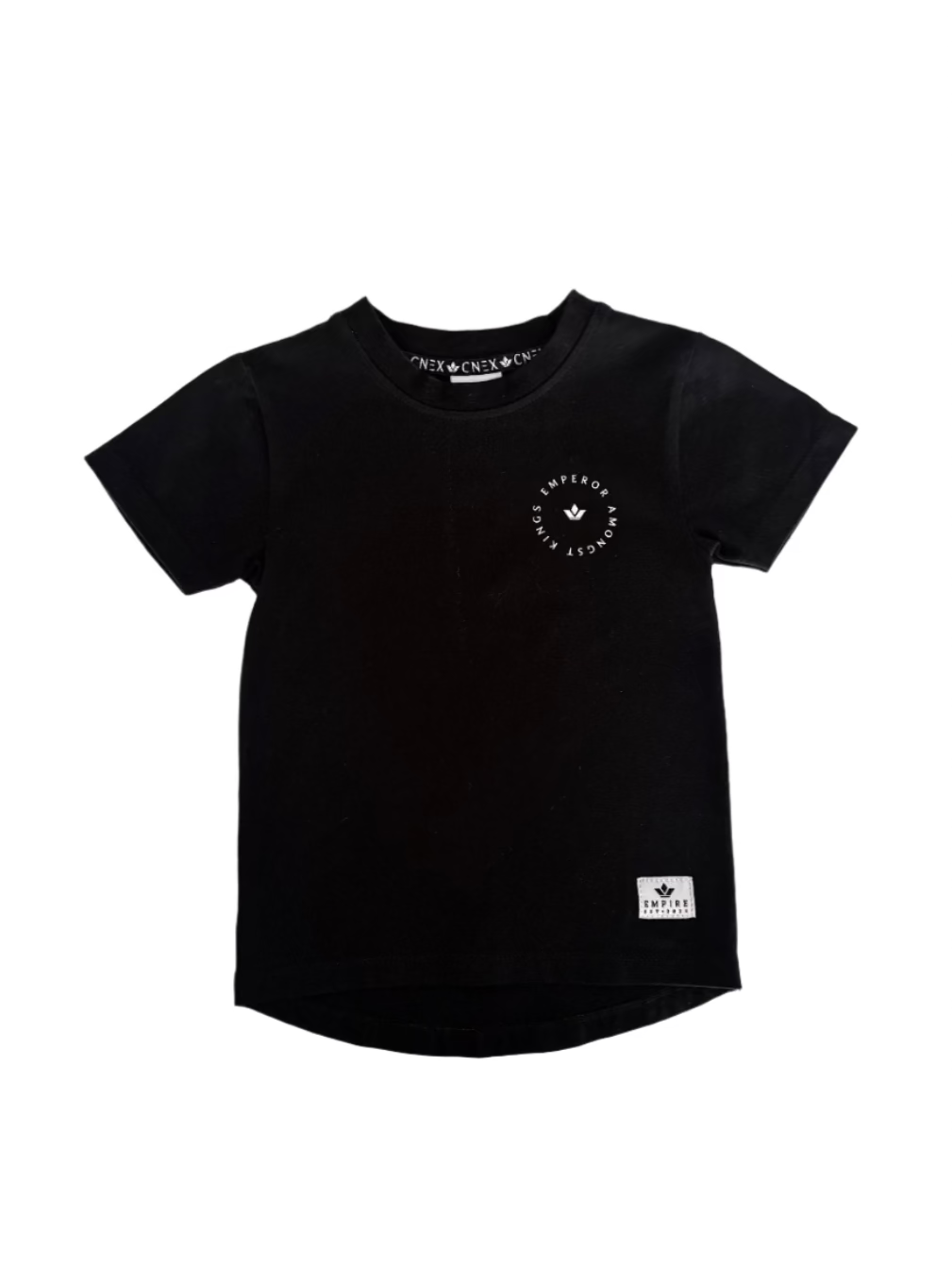 Black t-shirt with a logo on a white background