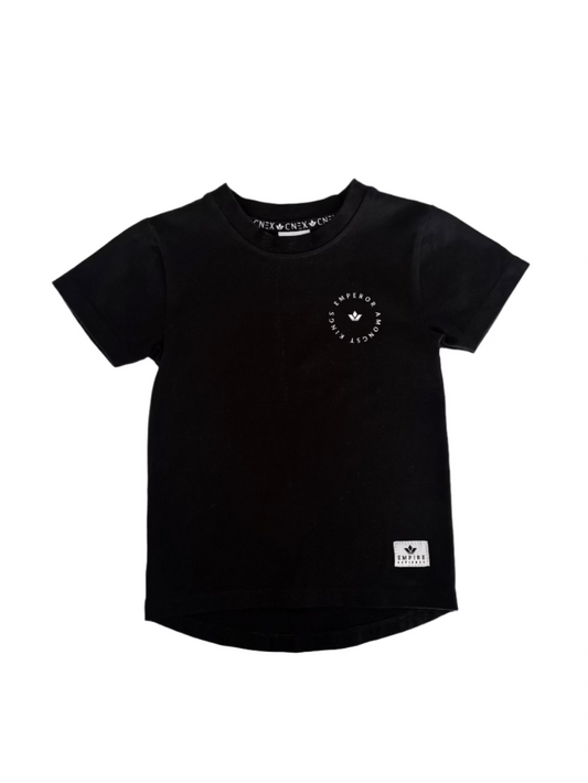 Black t-shirt with a logo on a white background