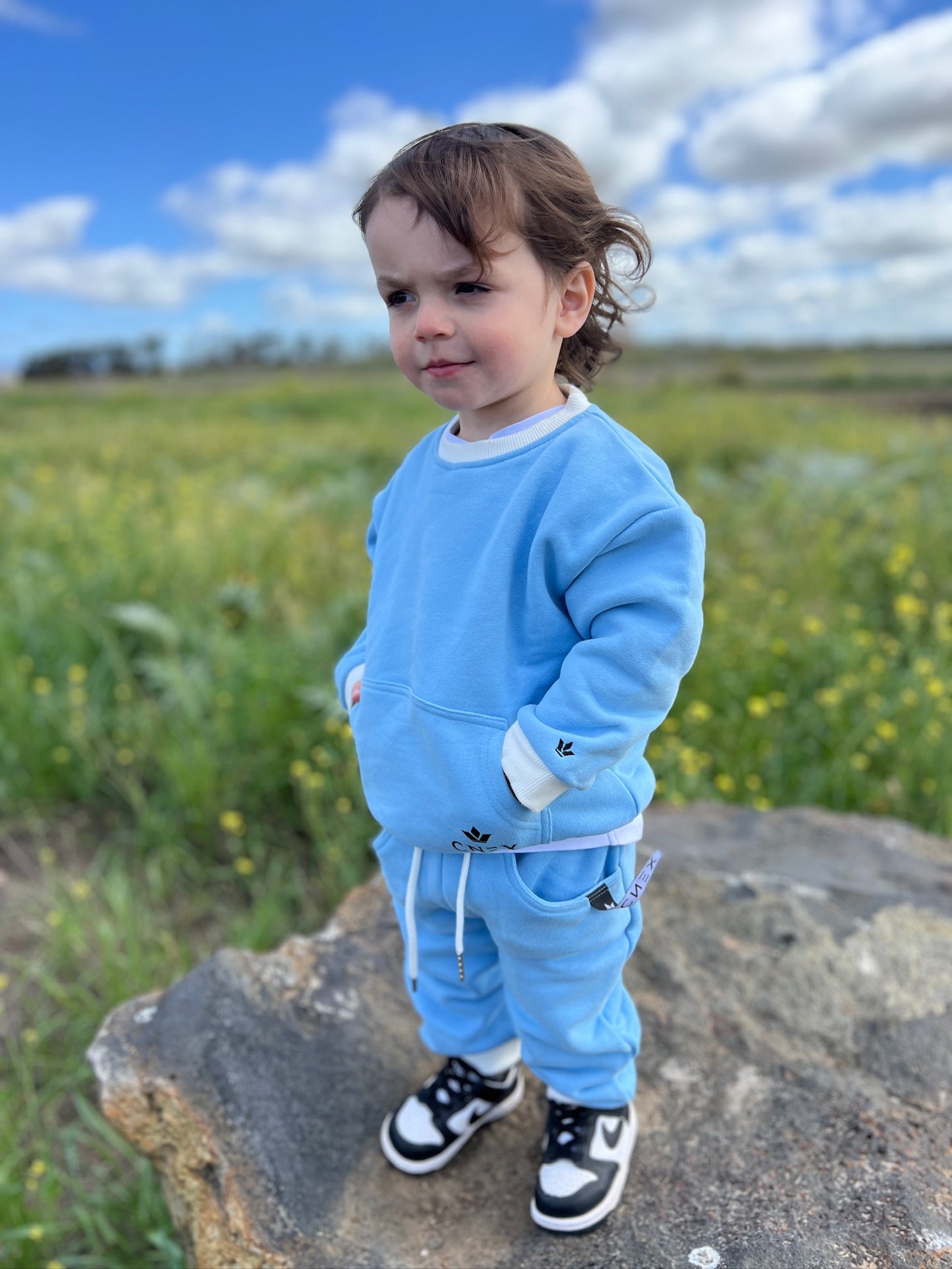 Child in a blue outfit standing on a rock with a grassy field and blue sky in the background