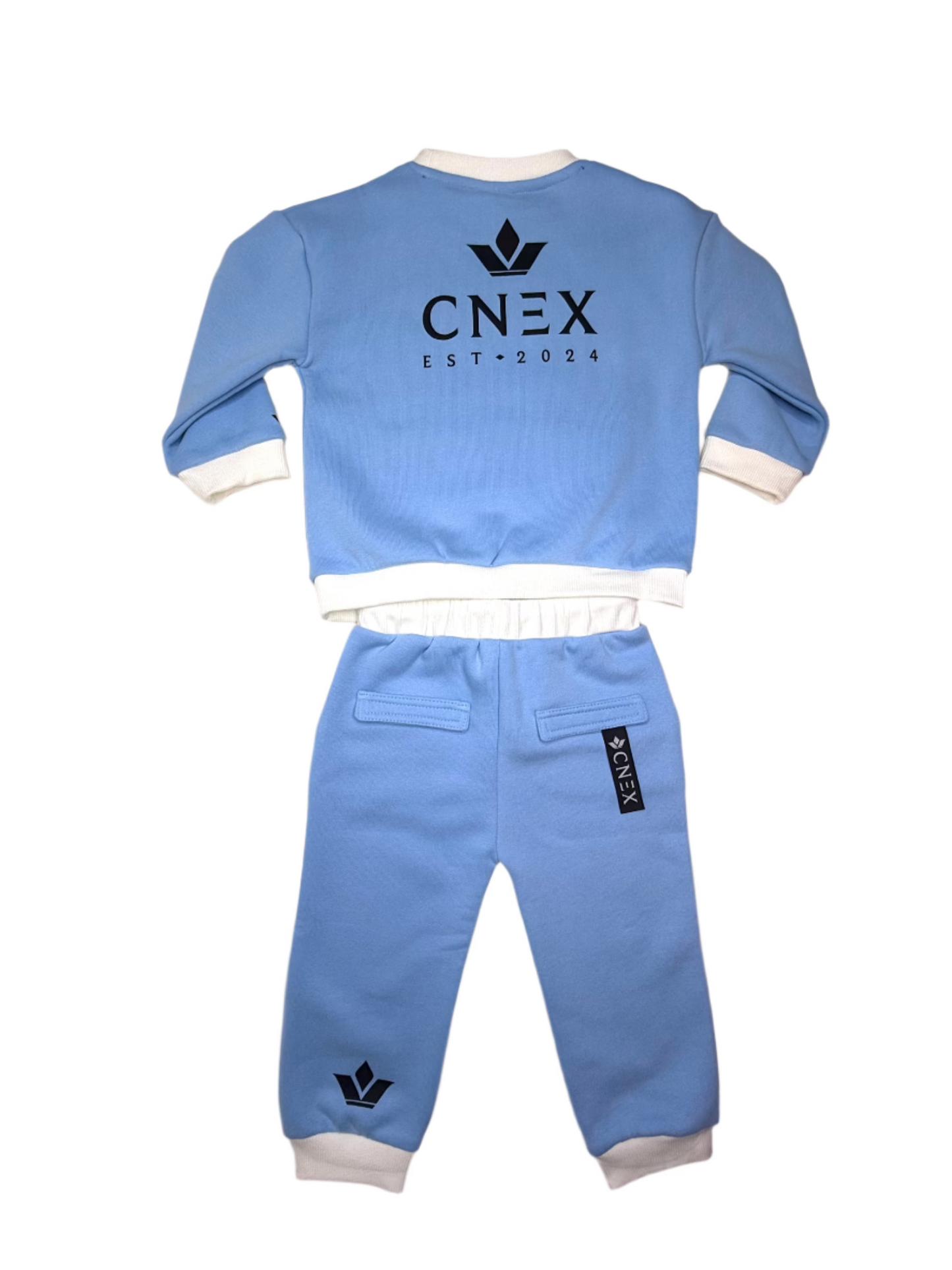 Blue children's sweatshirt and pants set with CNEX branding on a beige background