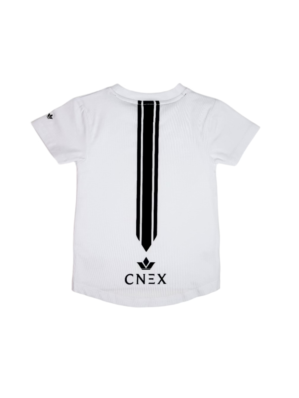 White t-shirt with black vertical stripe and 'CNEX' logo on a beige background