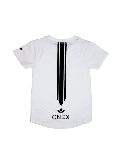 White t-shirt with black vertical stripe and 'CNEX' logo on a beige background