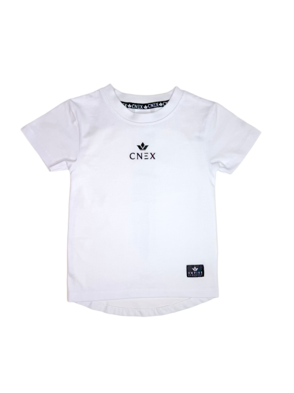White t-shirt with a brand logo on a white background