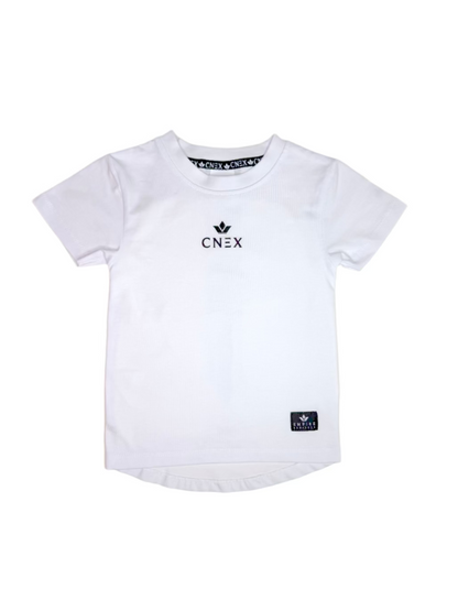 White t-shirt with a brand logo on a white background