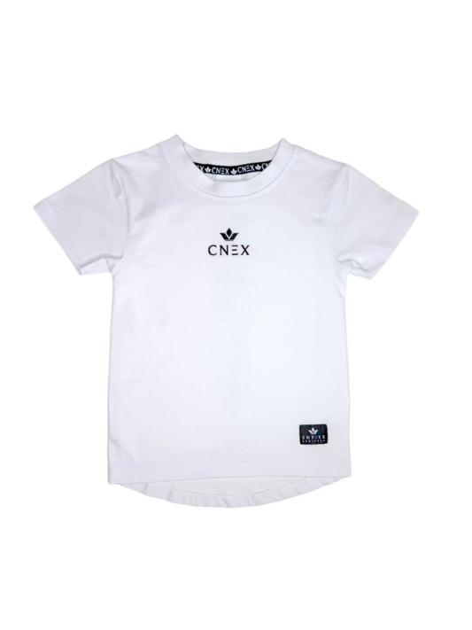 White t-shirt with a brand logo on a white background